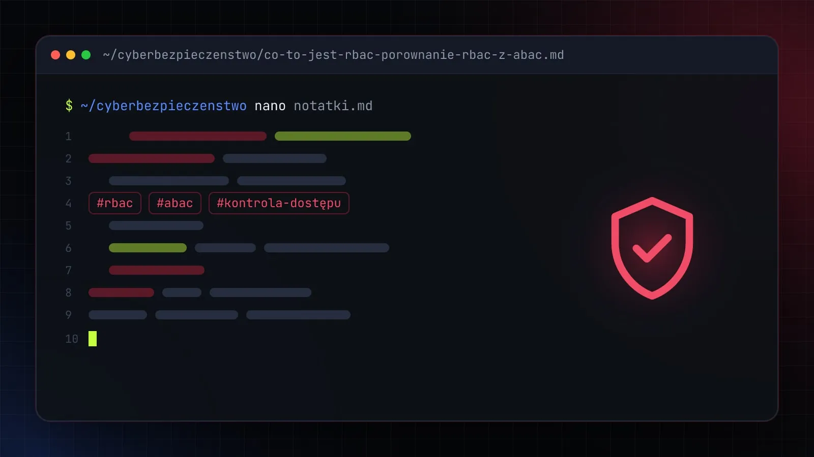 Ilustracja do artykułu „Co to jest RBAC? Porównanie RBAC z ABAC na praktycznych przykładach” — okno edytora z ikoną działu Cyberbezpieczeństwo